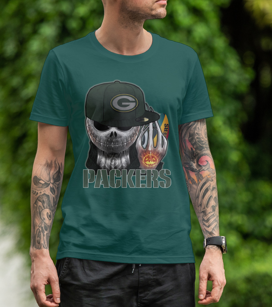 Jackskull Green Bay Packers Halloween Theme Packers Fan Skull T-Shirt