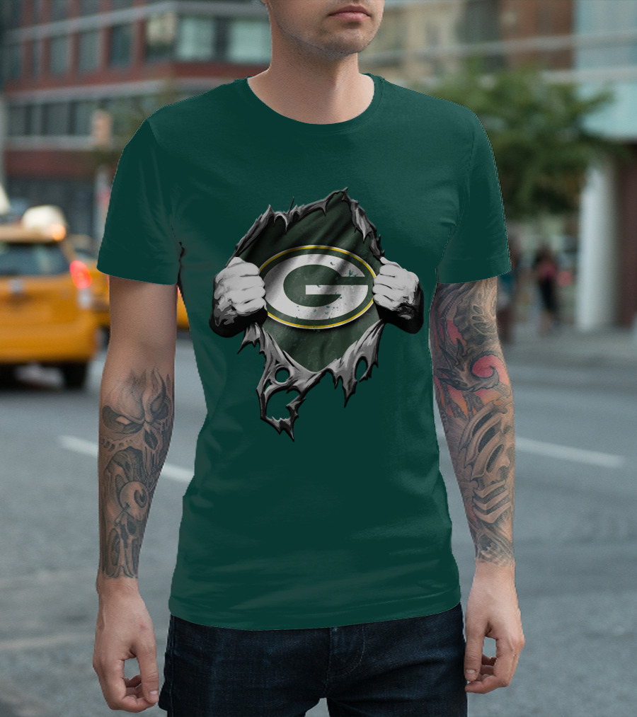 Torn Green Bay Packers Logo with Hands on Green Background T-Shirt