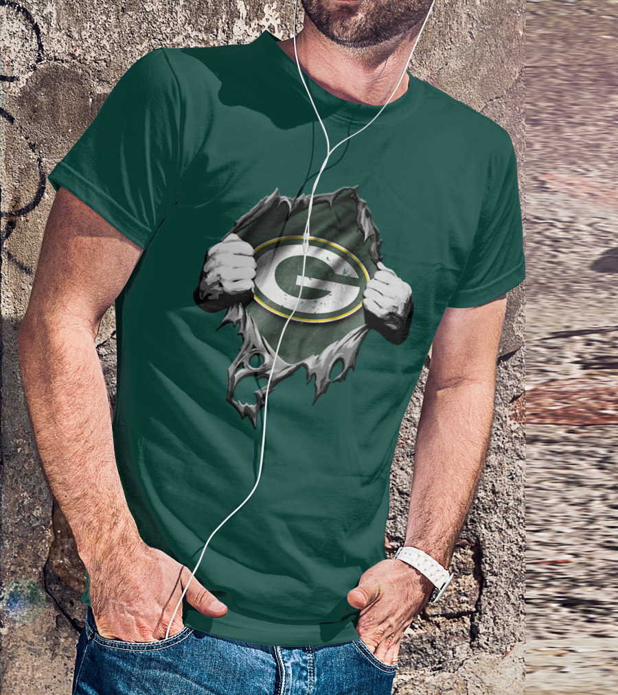 Torn Green Bay Packers Logo With Hands On Green Background T-Shirt