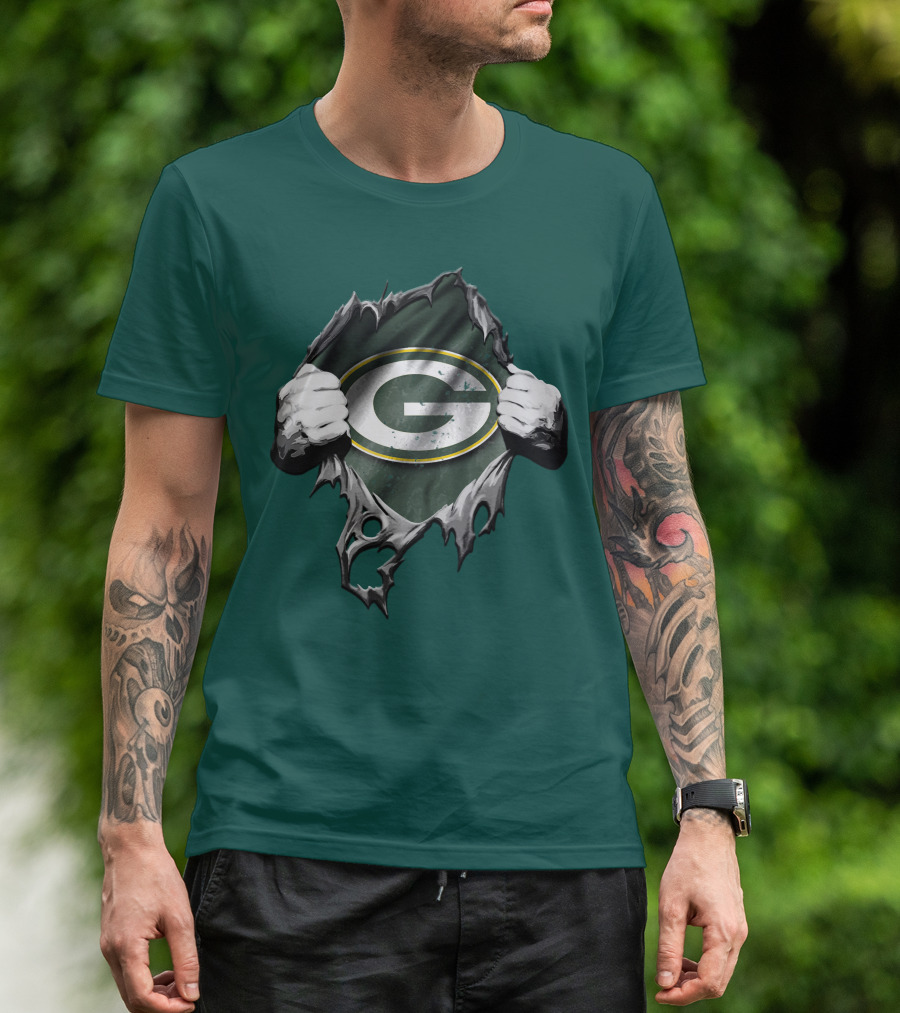 Torn Green Bay Packers Logo With Hands On Green Background T-Shirt