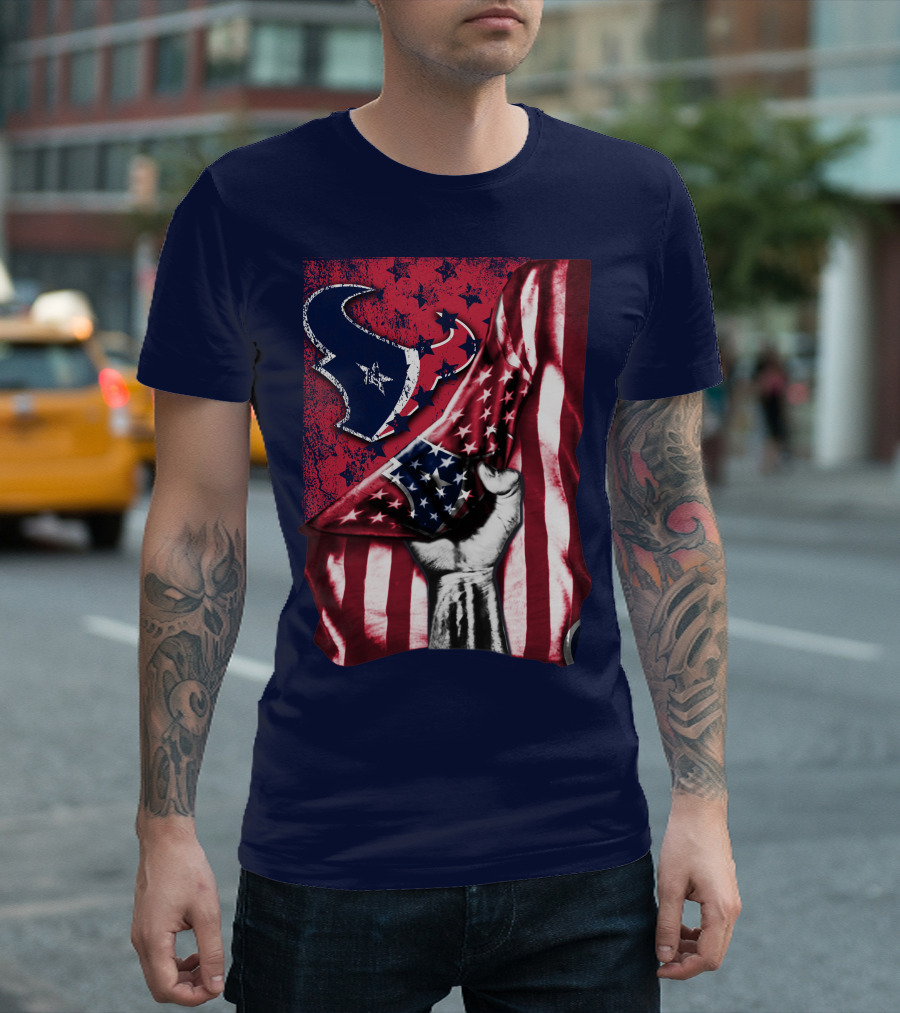 Houston Texans Stars And Stripes American Flag Fist T-Shirt