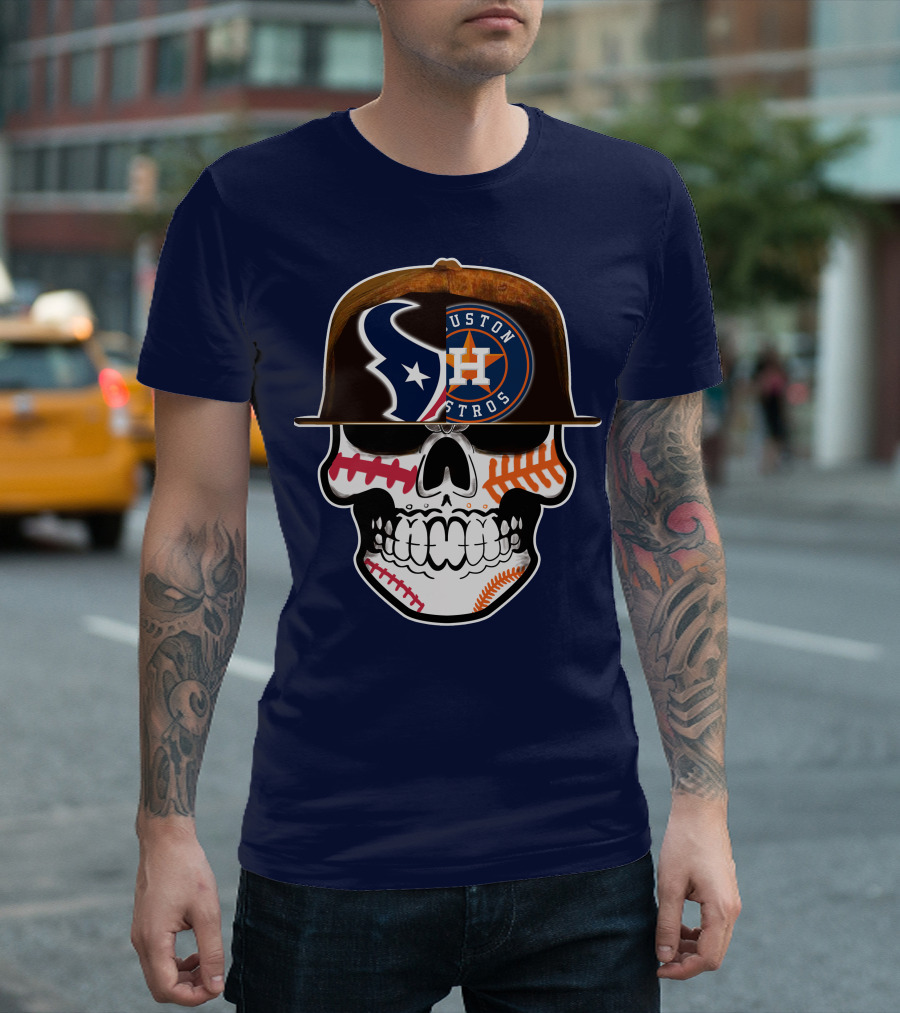 Houston Texans Astros Skull Logo Baseball Football Fusion T-Shirt
