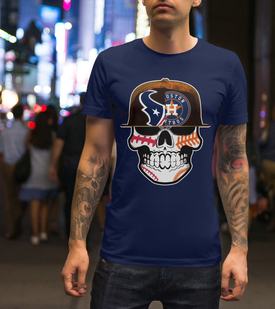 Houston Texans Astros Skull Logo Baseball Football Fusion T-Shirt