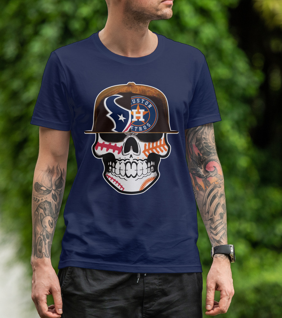 Houston Texans Astros Skull Logo Baseball Football Fusion T-Shirt