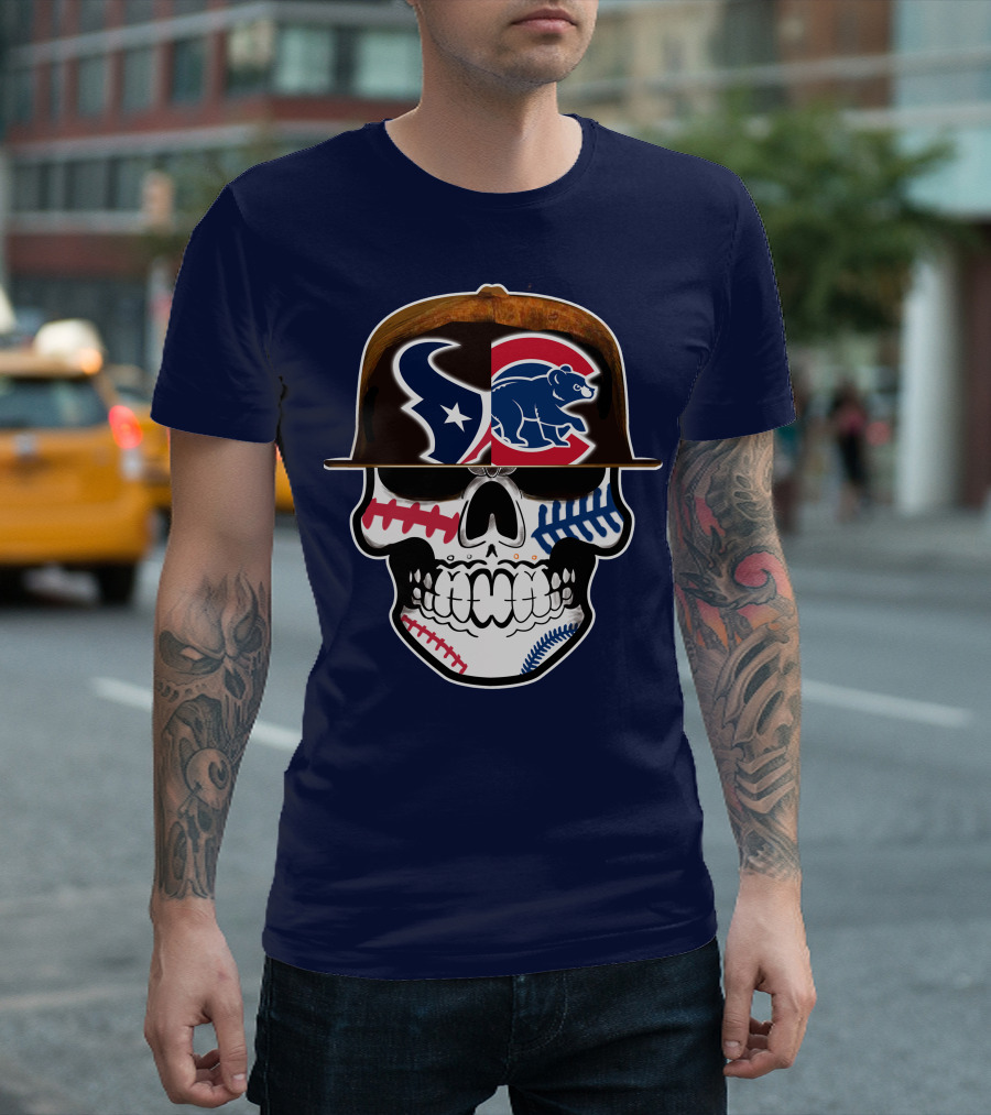 Houston Texans Chicago Cubs Skull Baseball Football Fusion T-Shirt