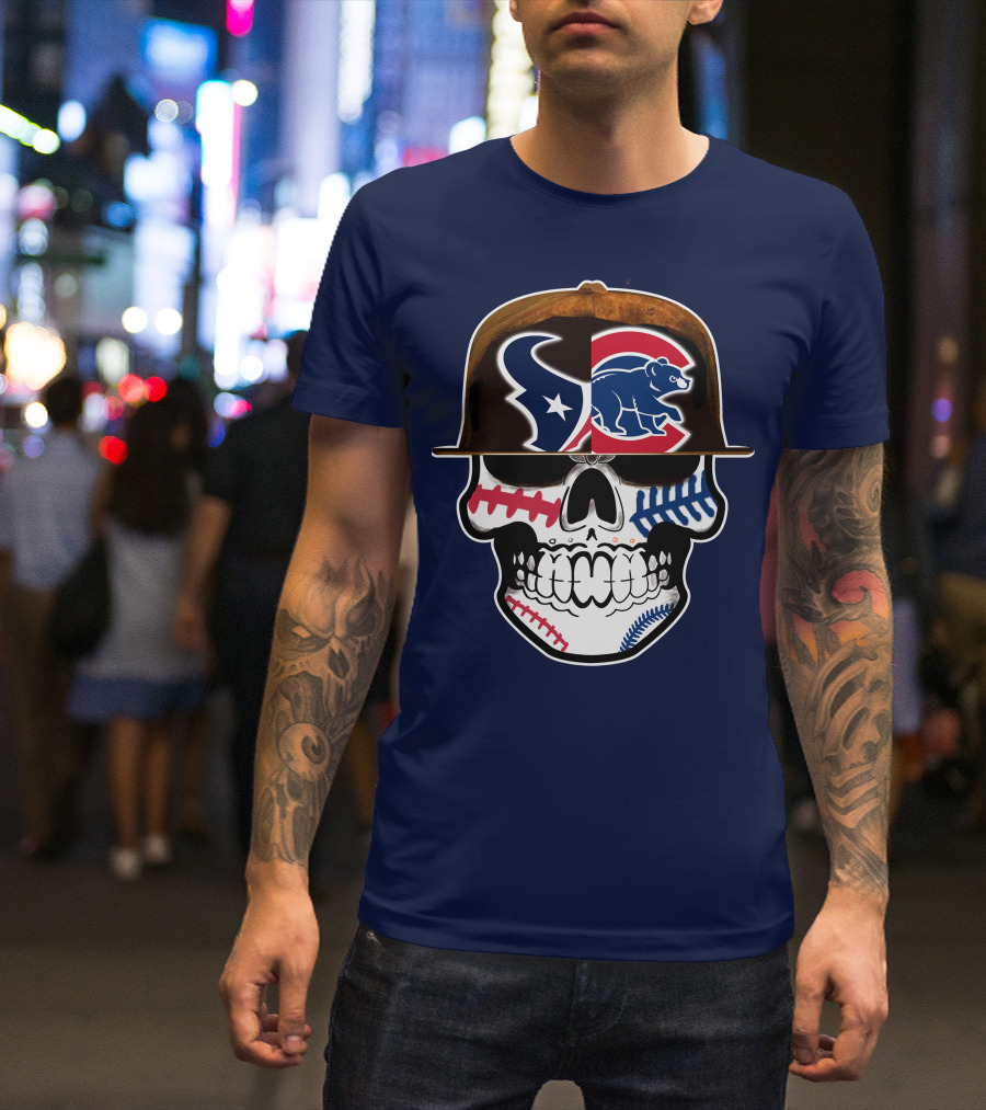Houston Texans Chicago Cubs Skull Baseball Football Fusion T-Shirt