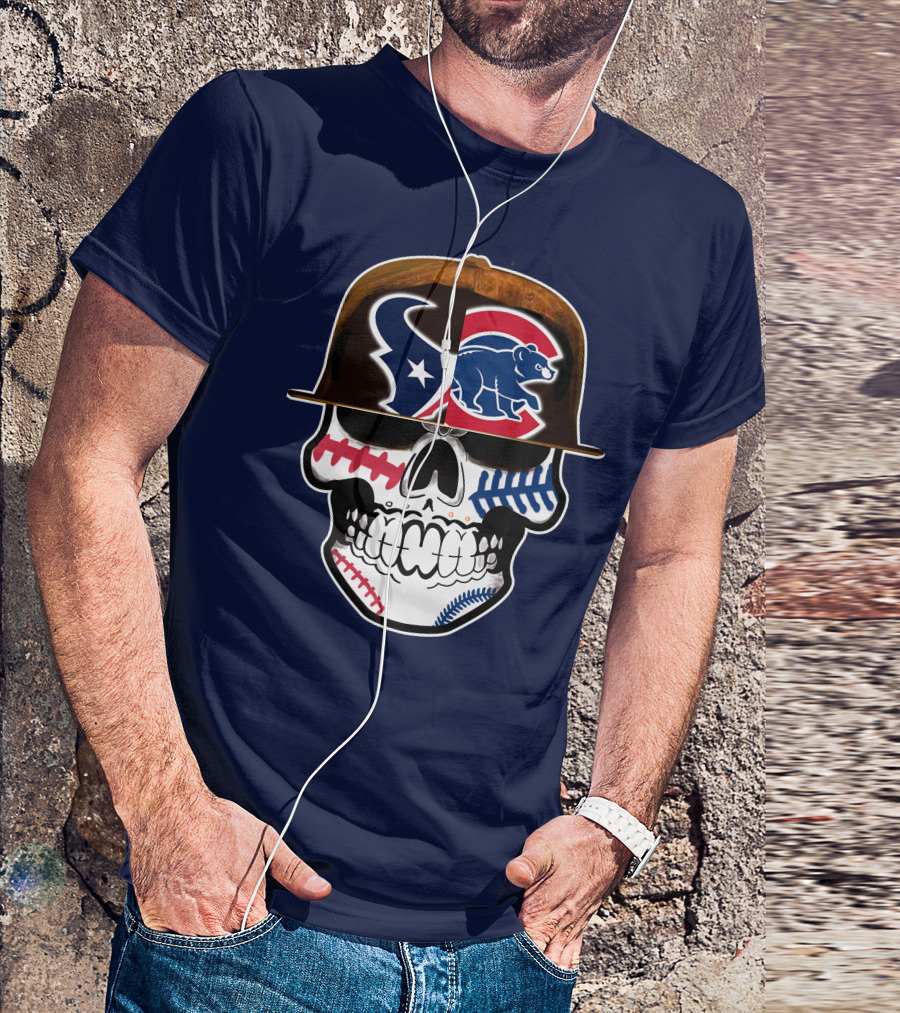 Houston Texans Chicago Cubs Skull Baseball Football Fusion T-Shirt