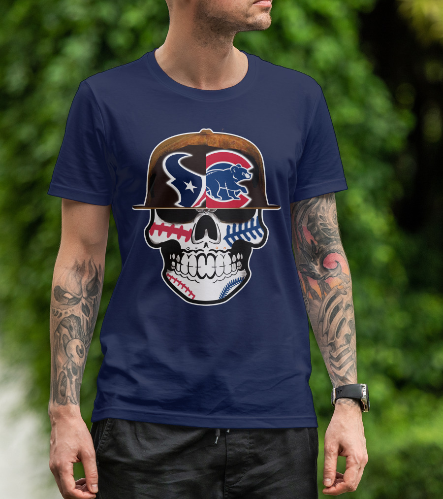 Houston Texans Chicago Cubs Skull Baseball Football Fusion T-Shirt