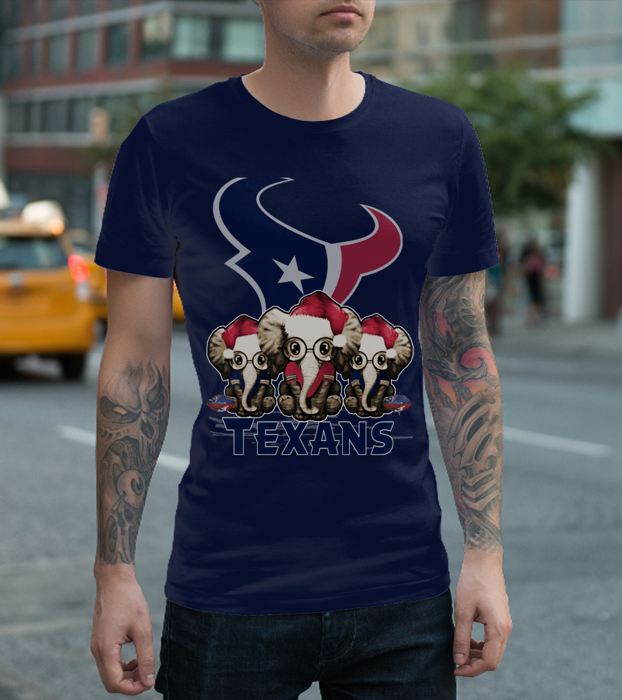 Elephants In Christmas Hats With Houston Texans T-Shirt