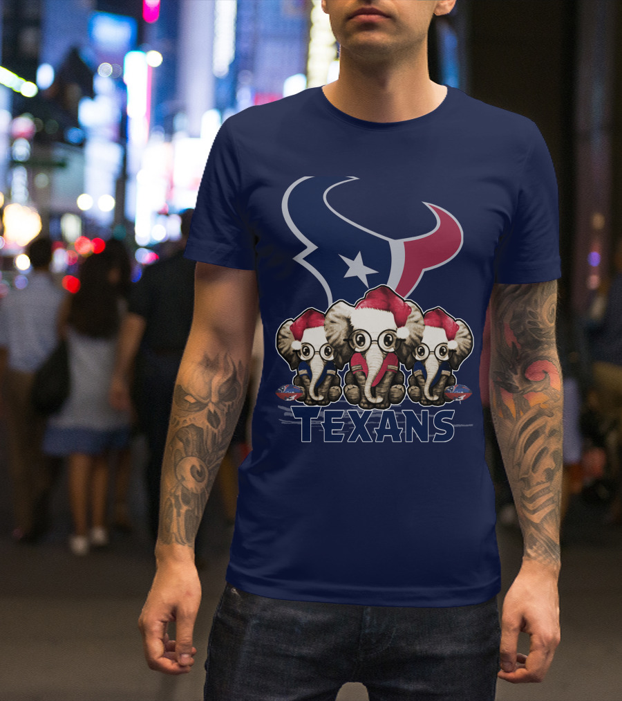 Elephants In Christmas Hats With Houston Texans T-Shirt