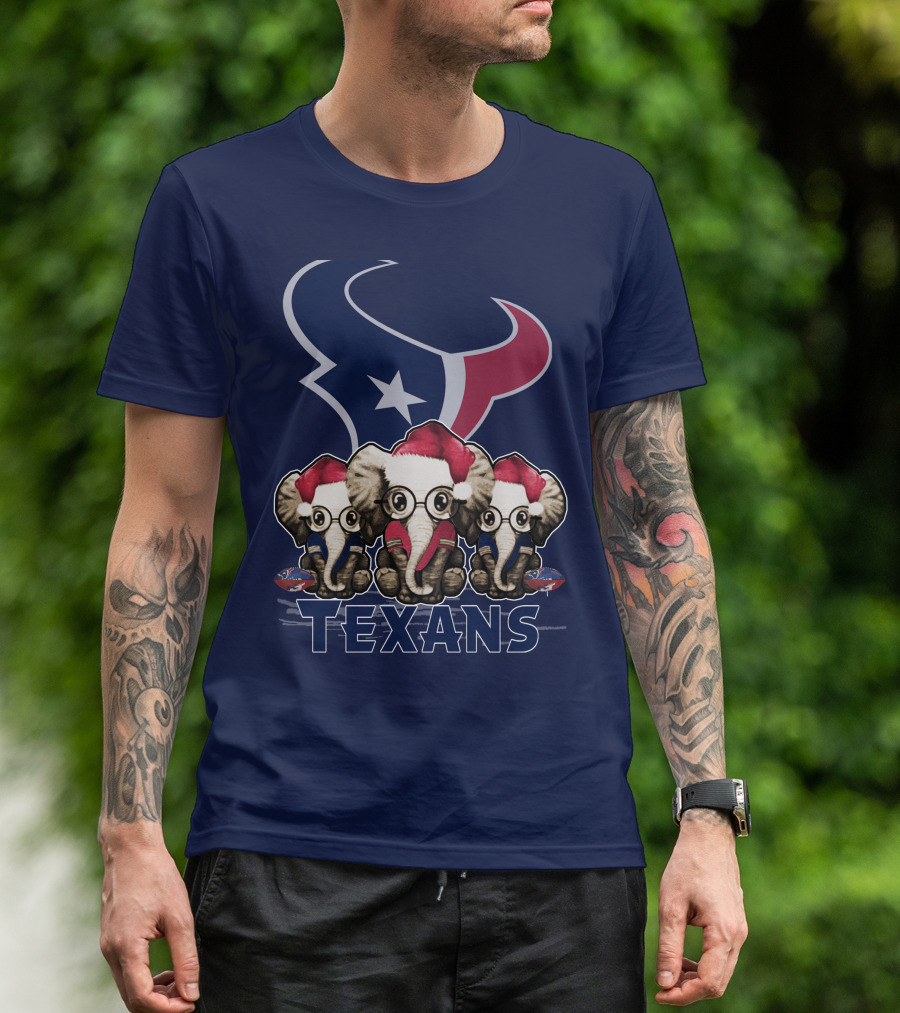 Elephants In Christmas Hats With Houston Texans T-Shirt