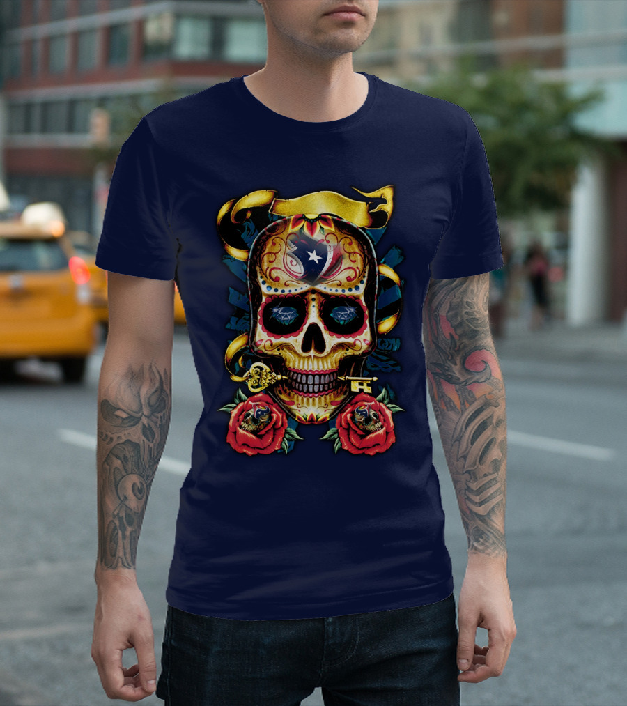 Houston Texans Skull Design With Roses And Key T-Shirt