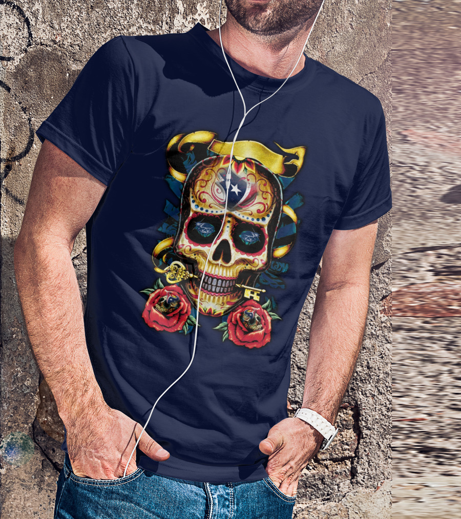 Houston Texans Skull Design With Roses And Key T-Shirt