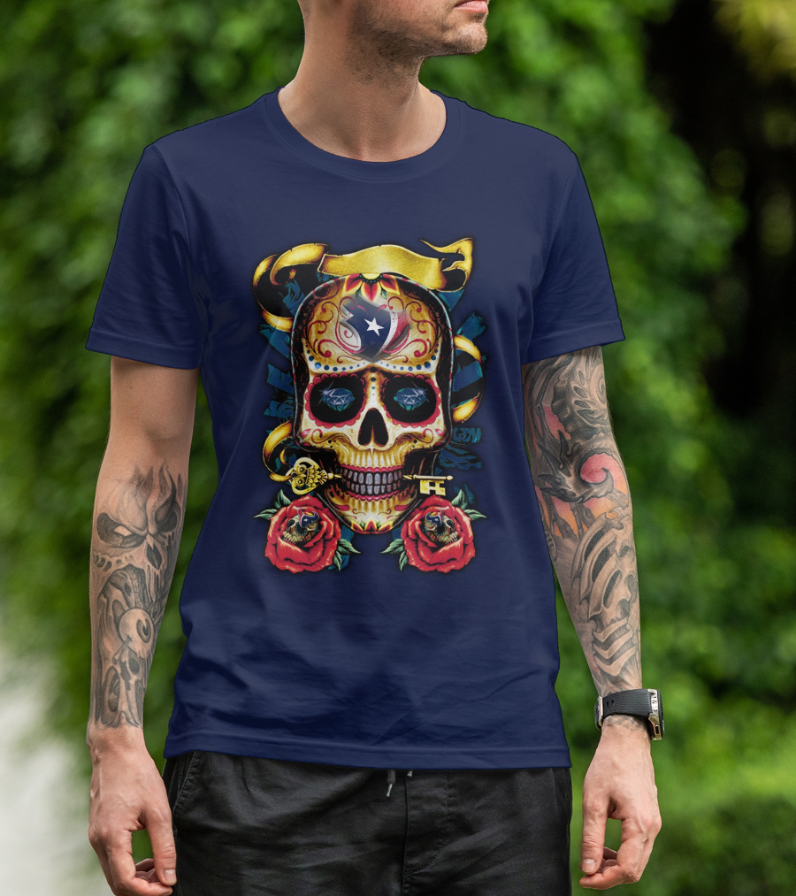 Houston Texans Skull Design With Roses And Key T-Shirt