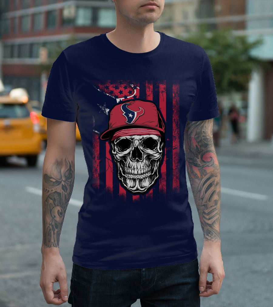 Skull in Houston Texans Hat with American Flag Background T-Shirt