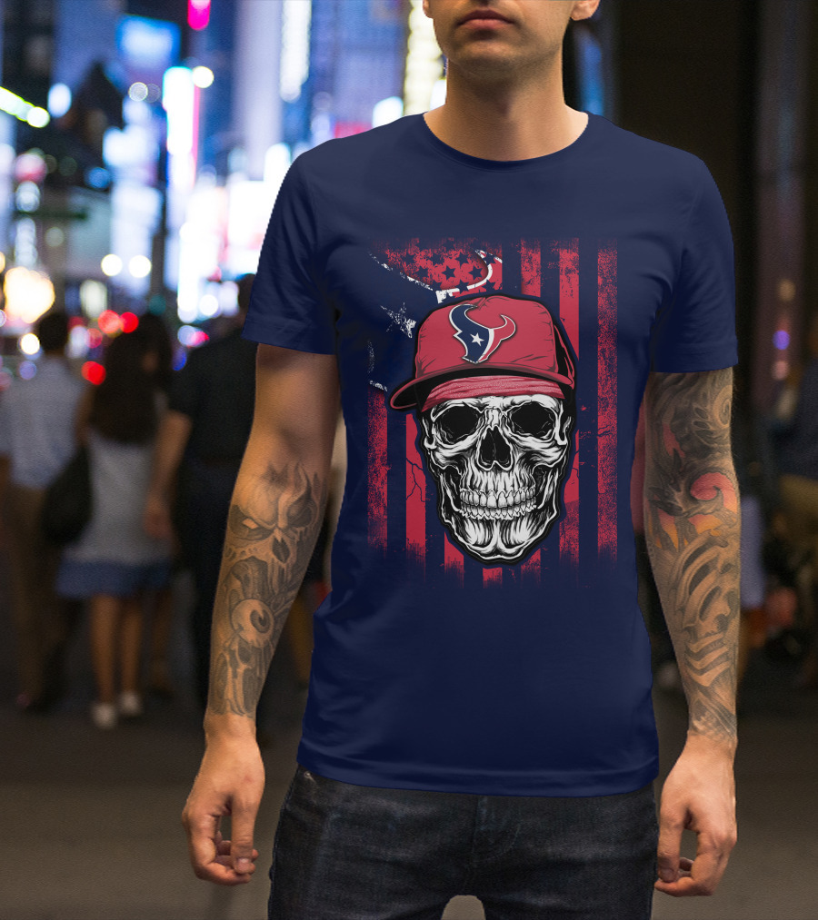 Skull In Houston Texans Hat With American Flag Background T-Shirt