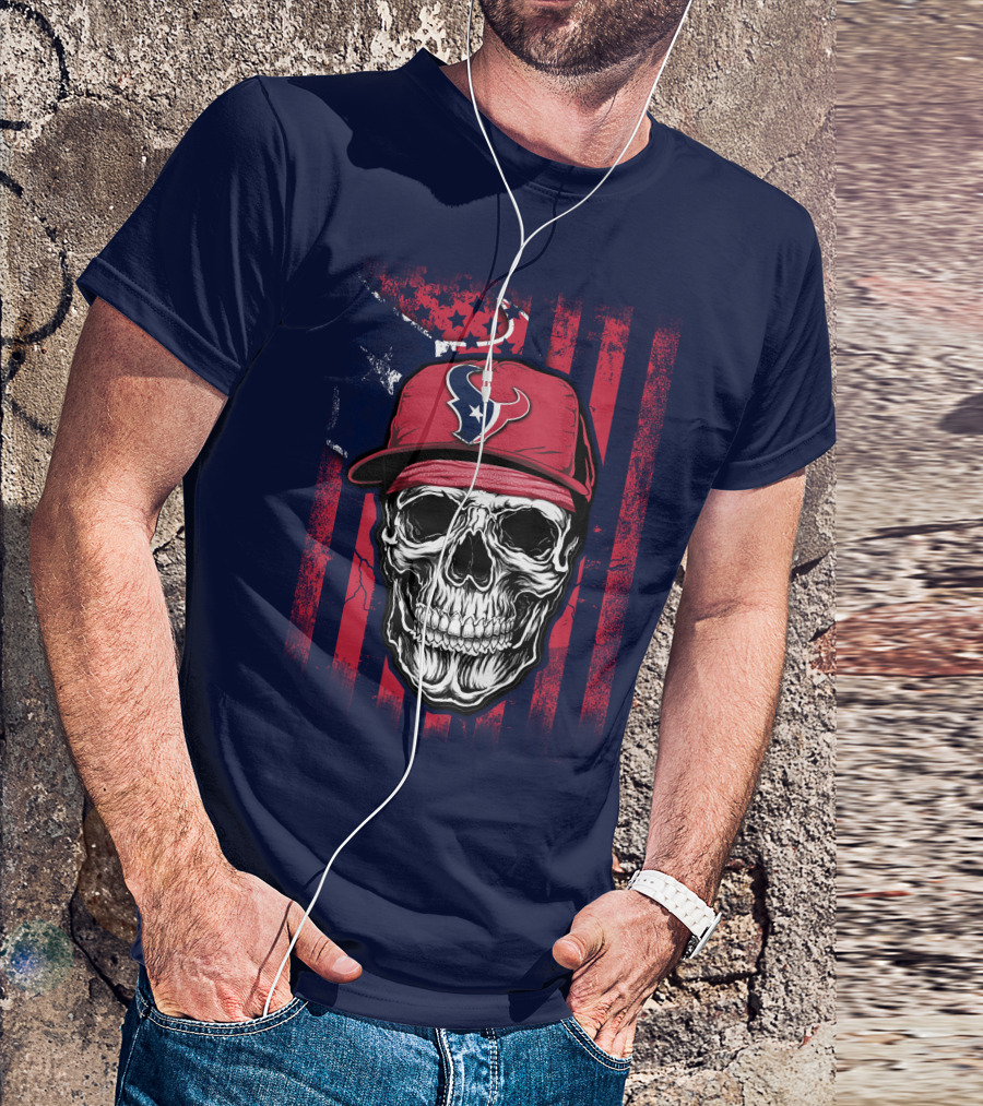 Skull In Houston Texans Hat With American Flag Background T-Shirt