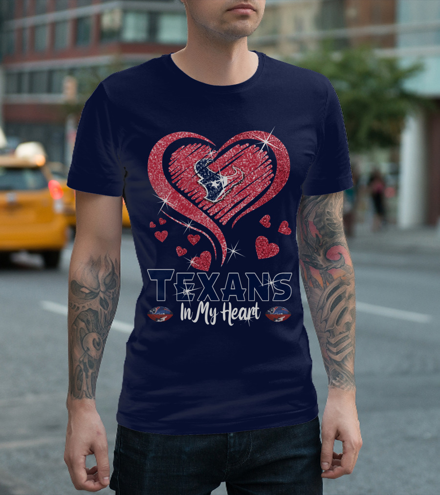 Texans In My Heart Houston Texans Sparkling Logo and Hearts T-Shirt