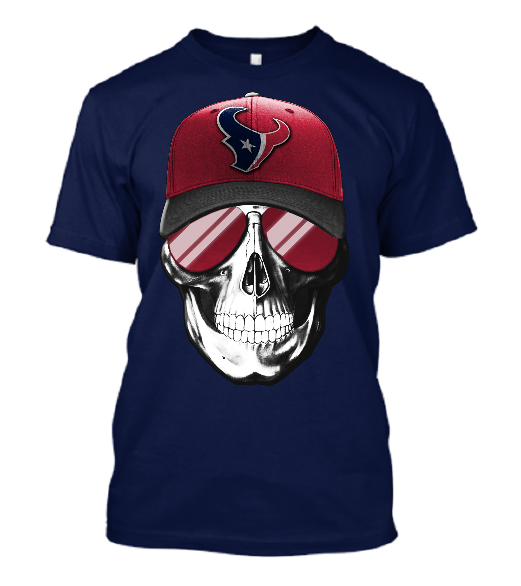 Skull With Houston Texans Logo Hat And Reflective Sunglasses T-Shirt
