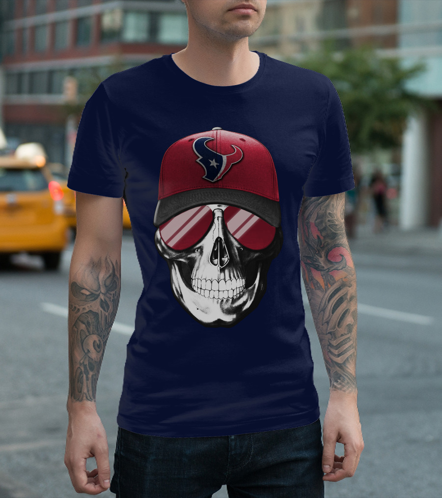 Skull with Houston Texans Logo Hat and Reflective Sunglasses T-Shirt