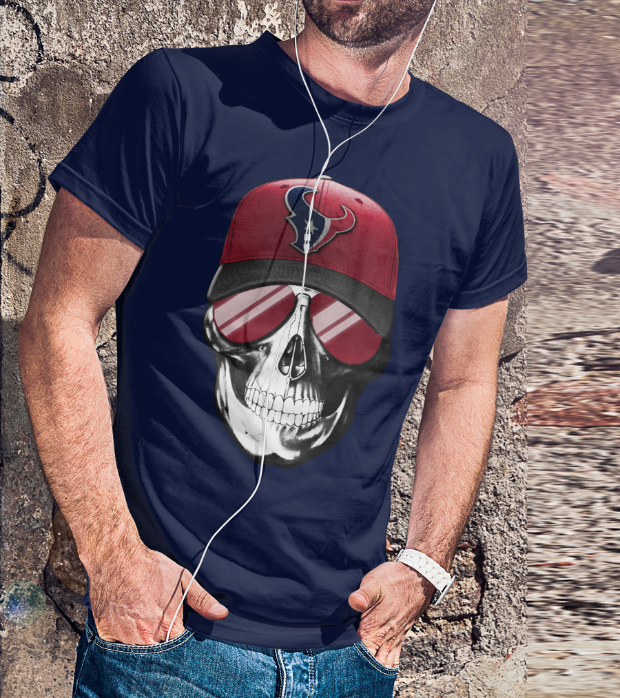 Skull With Houston Texans Logo Hat And Reflective Sunglasses T-Shirt