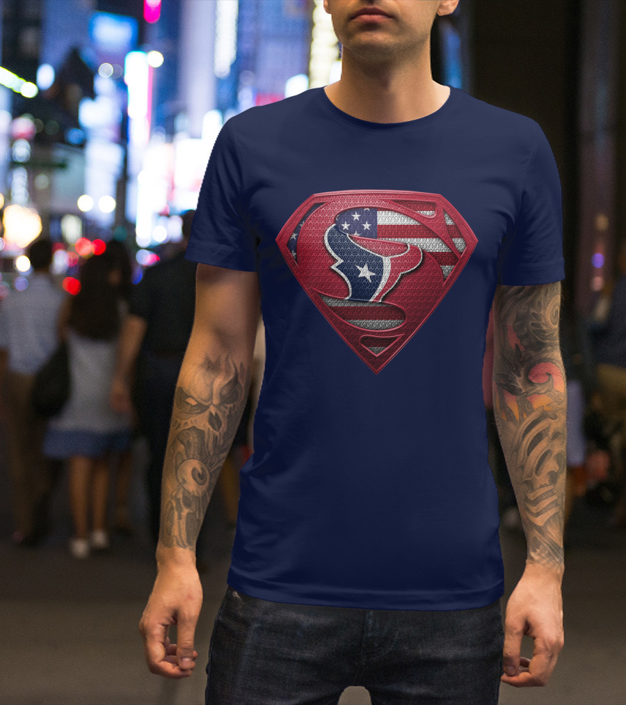 Spm Houston Texans Superman Shield American Flag T-Shirt