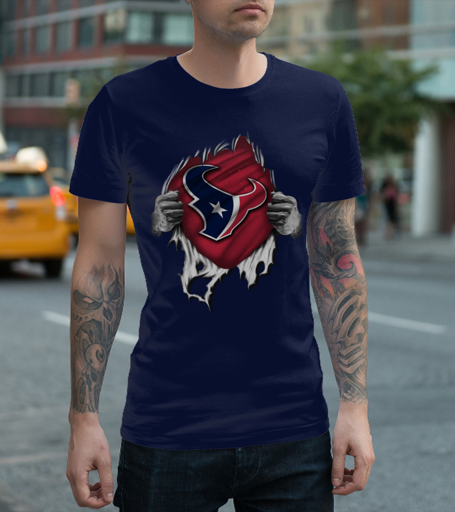 Torn Houston Texans Emblem Revealed Through Superhero Rip Effect T-Shirt