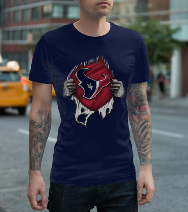 Torn Houston Texans Emblem Revealed Through Superhero Rip Effect T-Shirt