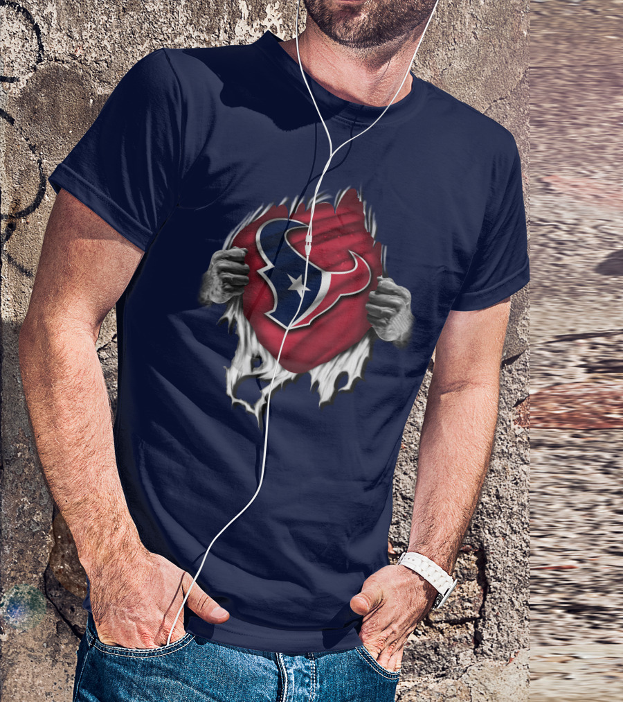 Torn Houston Texans Emblem Revealed Through Superhero Rip Effect T-Shirt