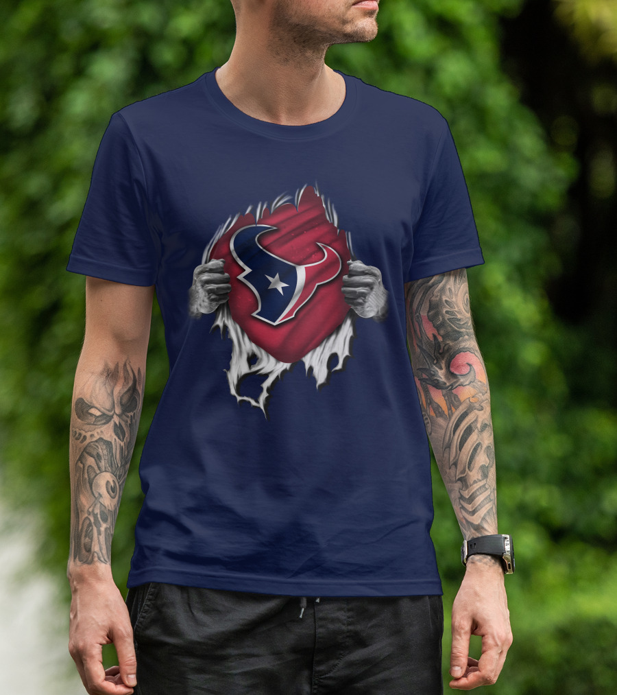 Torn Houston Texans Emblem Revealed Through Superhero Rip Effect T-Shirt