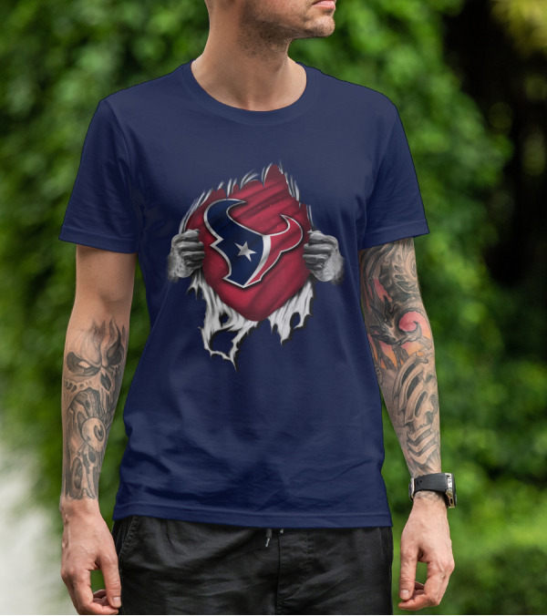 Torn Houston Texans Emblem Revealed Through Superhero Rip Effect T-Shirt