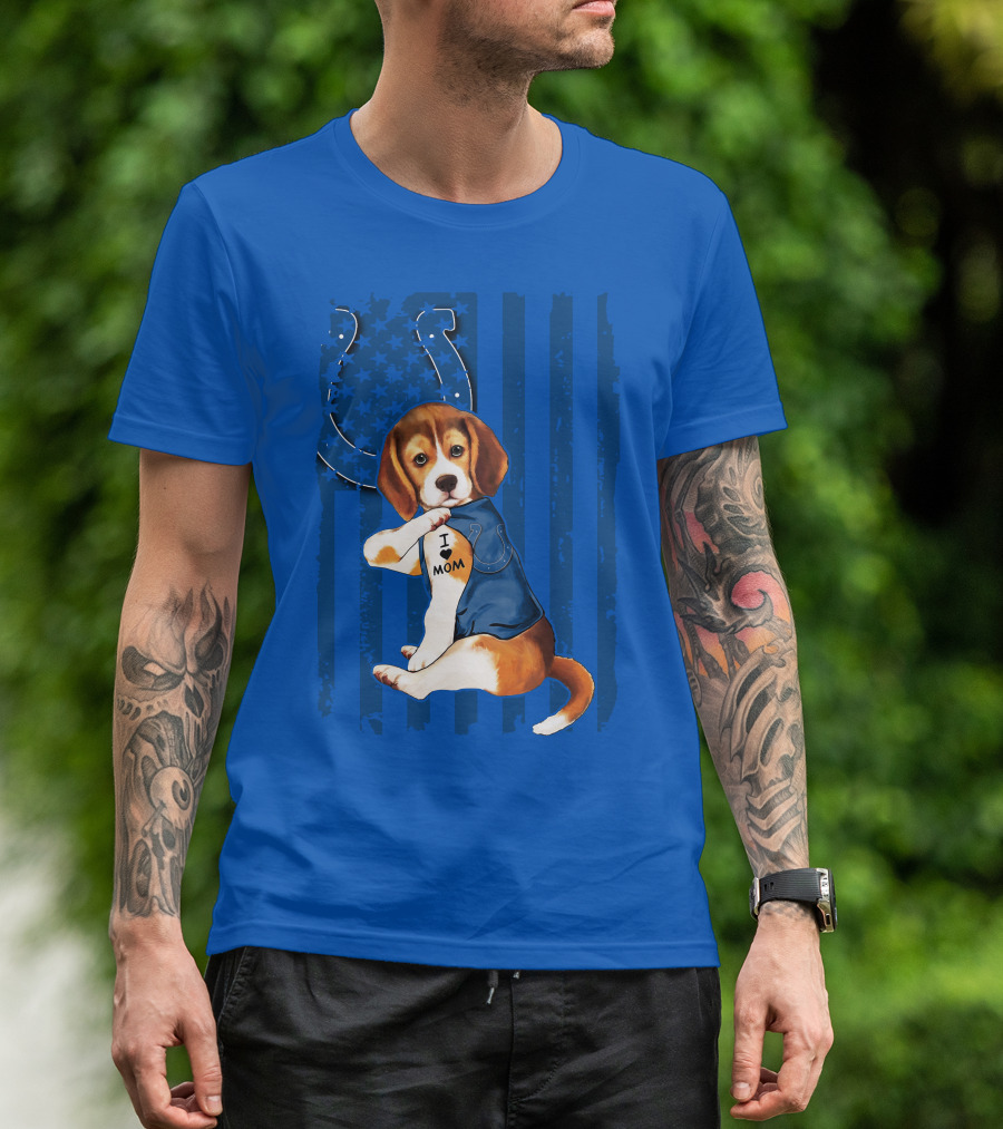 Beagle Wearing I Love Mom Indianapolis Colts Shirt With Horseshoe T-Shirt