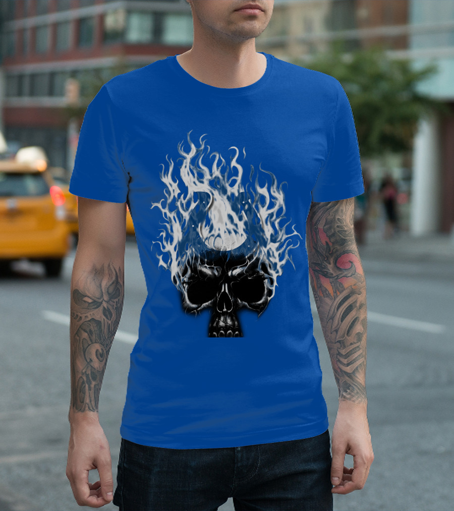 Indianapolis Colts 04 Skull With Horseshoe And Flames T-Shirt