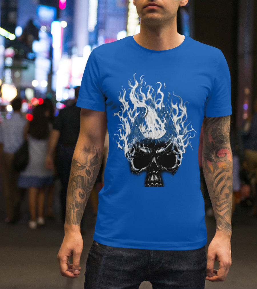 Indianapolis Colts 04 Skull With Horseshoe And Flames T-Shirt