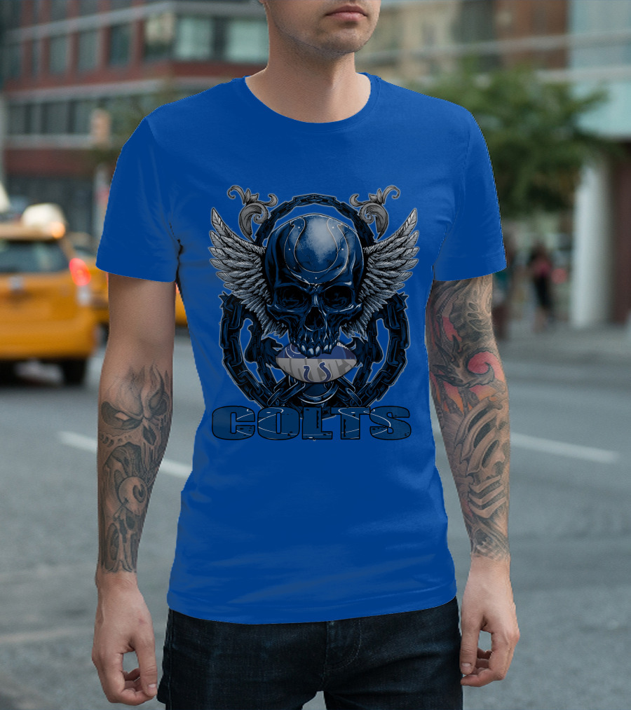 Colts Skullfb Winged Blue Skull Design For Indianapolis Colts Fans T-Shirt