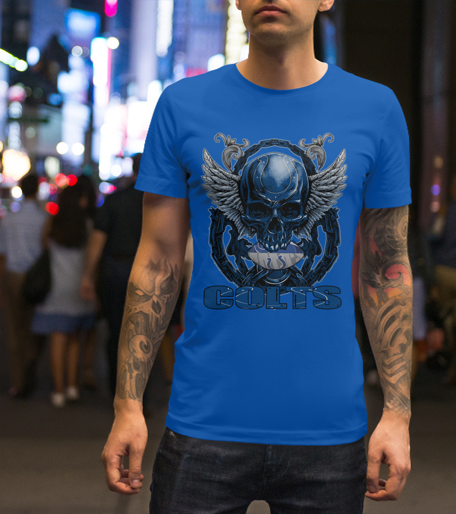 Colts Skullfb Winged Blue Skull Design For Indianapolis Colts Fans T-Shirt