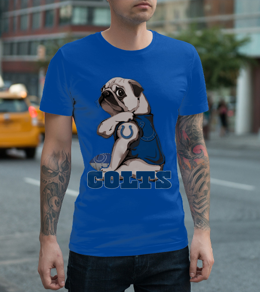 Pug Colts Fan with Blue Football Gear T-Shirt