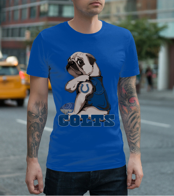 Pug Colts Fan With Blue Football Gear T-Shirt