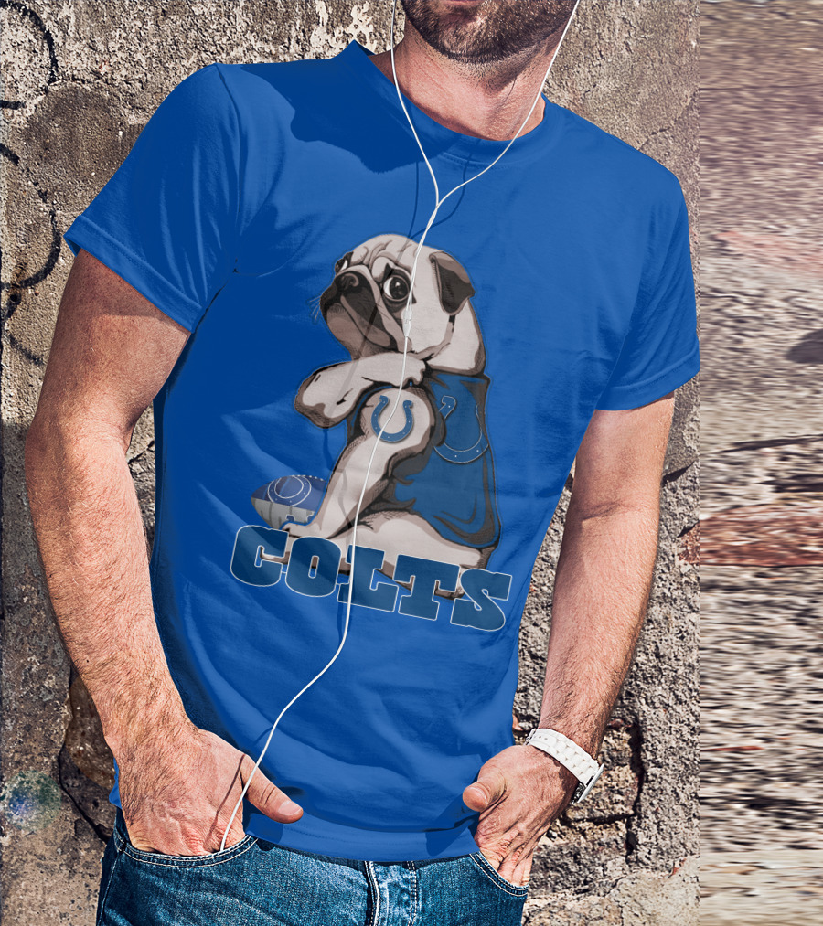 Pug Colts Fan With Blue Football Gear T-Shirt