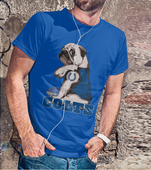 Pug Colts Fan With Blue Football Gear T-Shirt