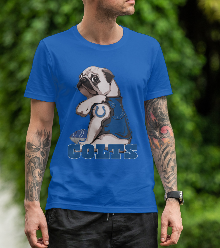Pug Colts Fan With Blue Football Gear T-Shirt