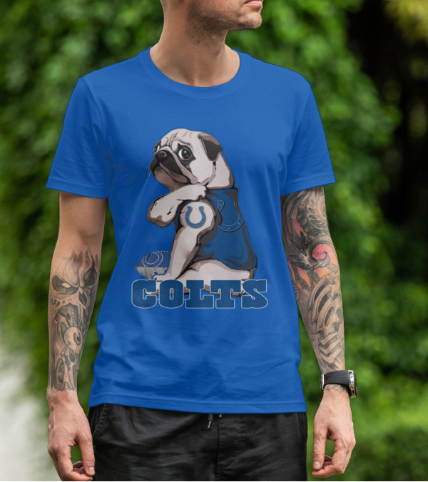 Pug Colts Fan With Blue Football Gear T-Shirt