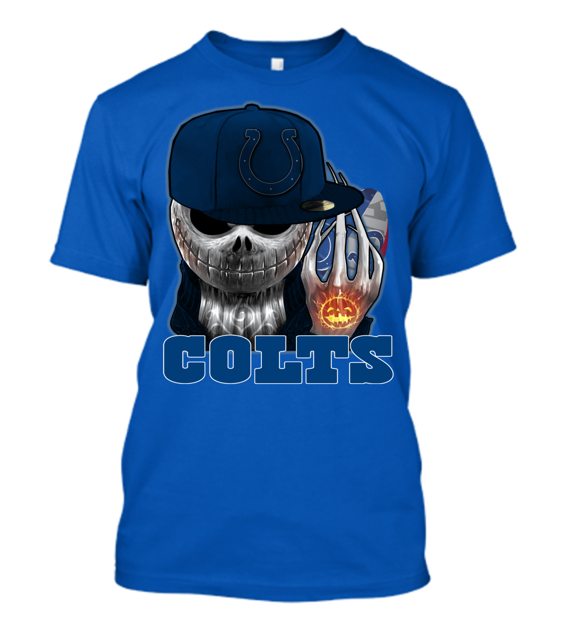 Colts Halloween Skull With Indianapolis Blue And Jack O'lantern Hand T-Shirt
