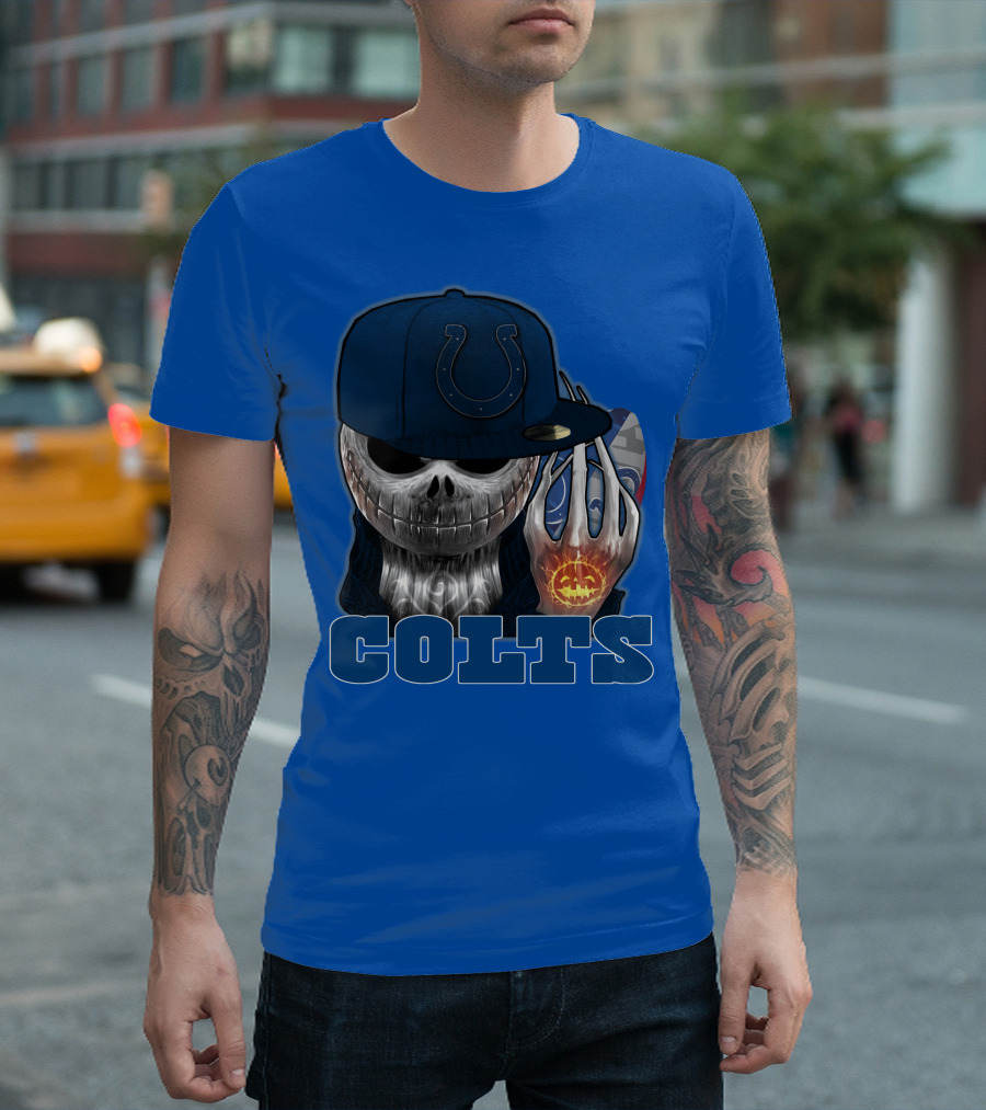 Colts Halloween Skull With Indianapolis Blue And Jack O'lantern Hand T-Shirt