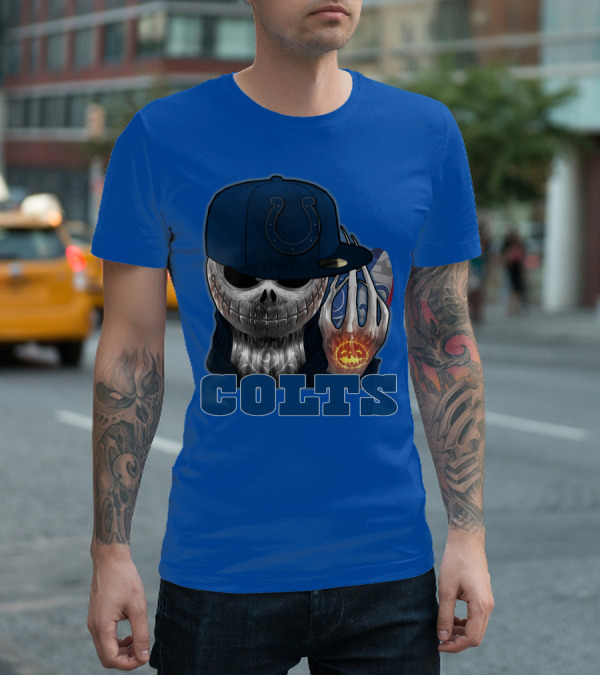 Colts Halloween Skull With Indianapolis Blue And Jack O'lantern Hand T-Shirt