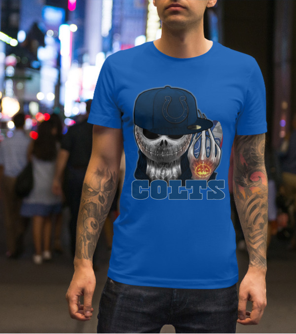 Colts Halloween Skull With Indianapolis Blue And Jack O'lantern Hand T-Shirt