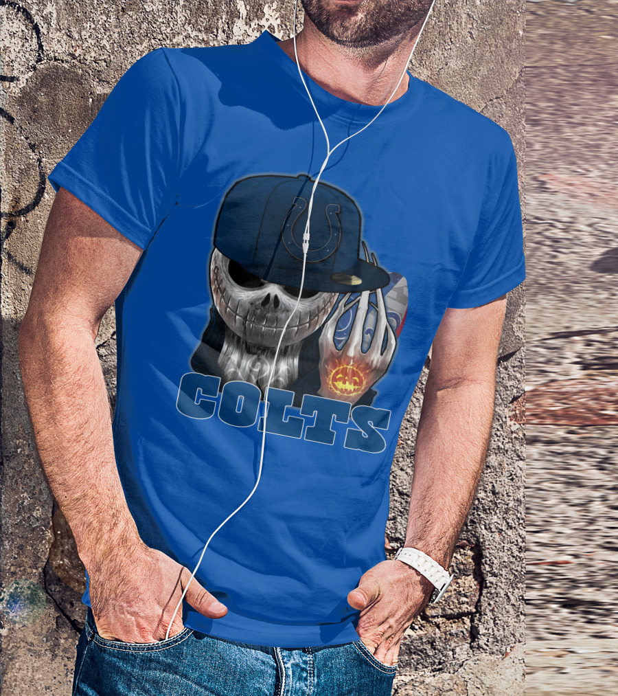 Colts Halloween Skull With Indianapolis Blue And Jack O'lantern Hand T-Shirt
