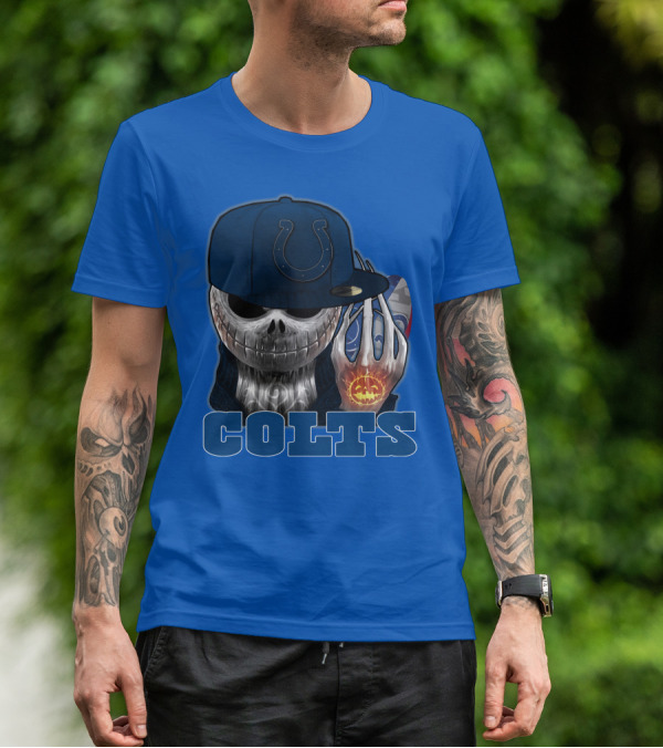 Colts Halloween Skull With Indianapolis Blue And Jack O'lantern Hand T-Shirt
