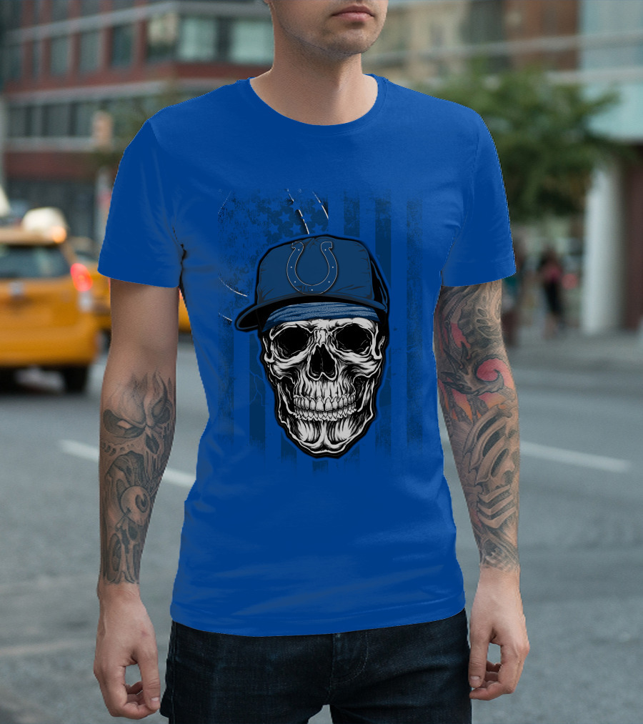 Skull Indianapolis Colts Blue Cap American Flag Background T-Shirt