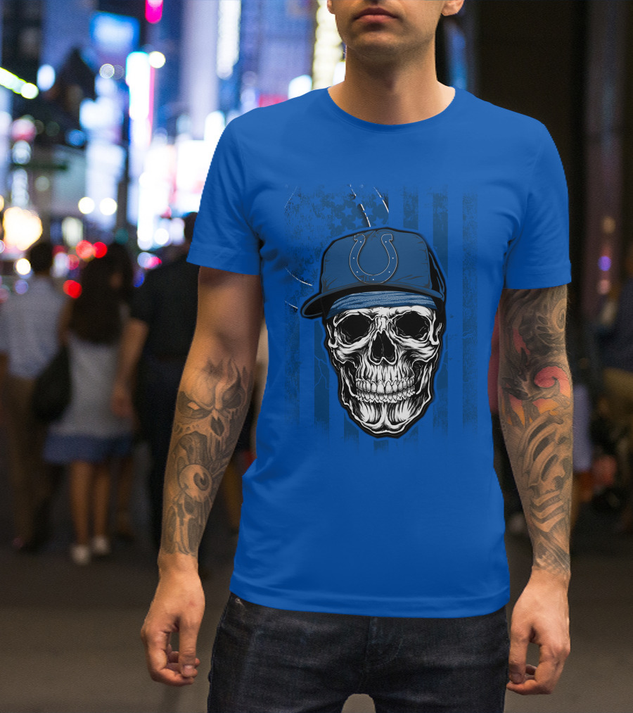 Skull Indianapolis Colts Blue Cap American Flag Background T-Shirt